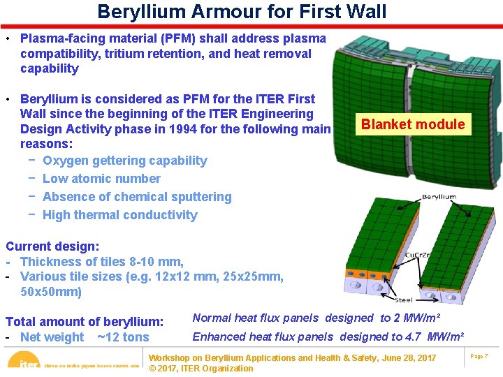 Beryllium Armour for First Wall • Plasma-facing material (PFM) shall address plasma compatibility, tritium