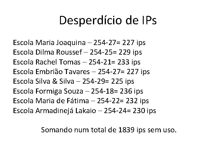 Desperdício de IPs Escola Maria Joaquina – 254 -27= 227 ips Escola Dilma Roussef