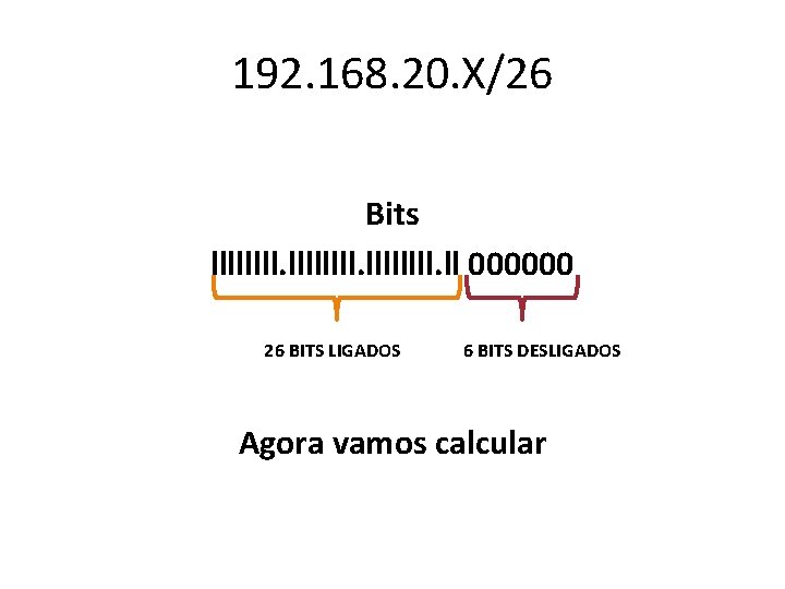 192. 168. 20. X/26 Bits llllllll. ll 000000 26 BITS LIGADOS 6 BITS DESLIGADOS