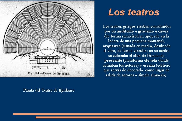 Los teatros griegos estaban constituidos por un auditorio o graderío o cavea (de forma