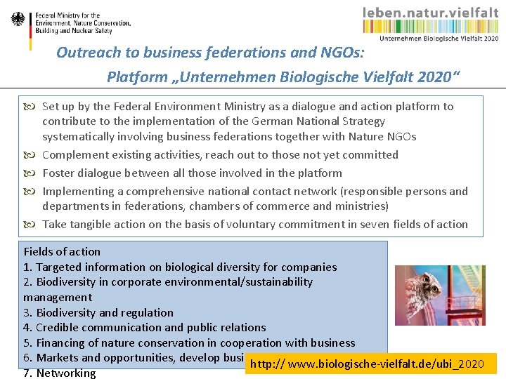 Outreach to business federations and NGOs: Platform „Unternehmen Biologische Vielfalt 2020“ Set up by