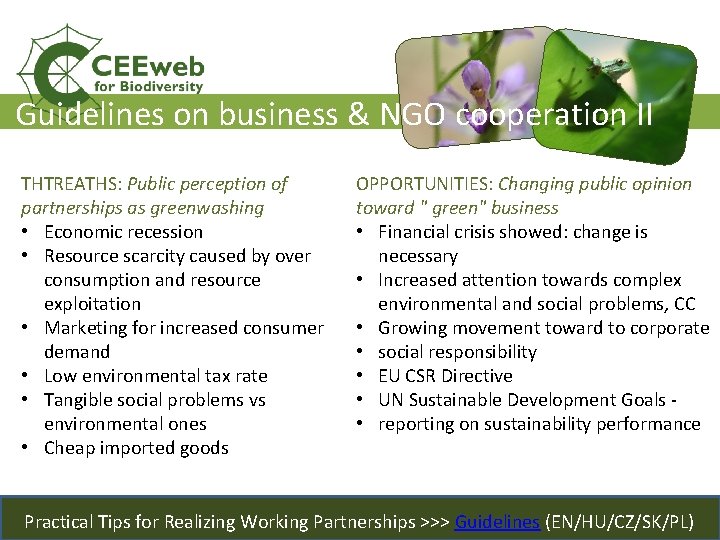 Guidelines on business & NGO cooperation II THTREATHS: Public perception of partnerships as greenwashing