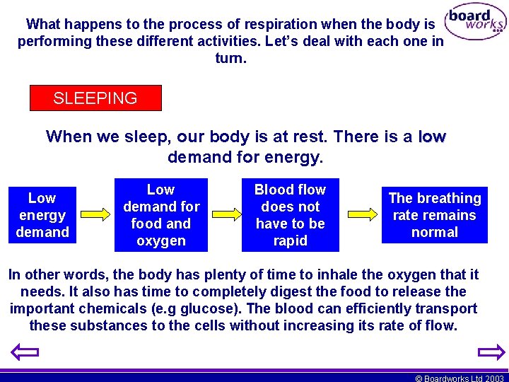 What happens to the process of respiration when the body is performing these different
