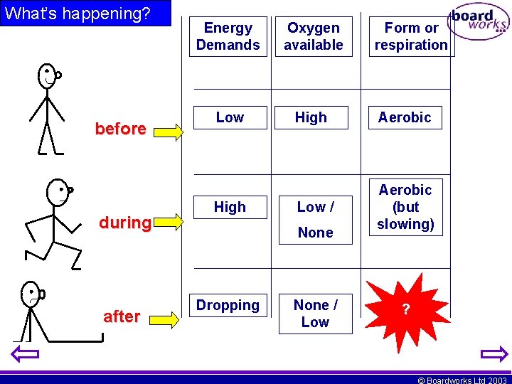 What’s happening? before during after Energy Demands Oxygen available Low High Aerobic Low /