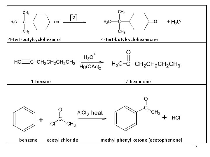 + H 2 O 4 -tert-butylcyclohexanol 1 -hexyne benzene acetyl chloride 4 -tert-butylcyclohexanone 2
