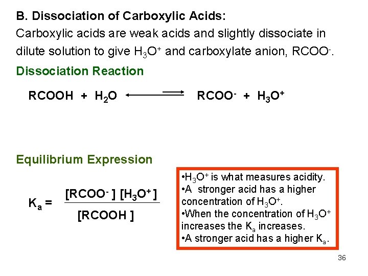 B. Dissociation of Carboxylic Acids: Carboxylic acids are weak acids and slightly dissociate in