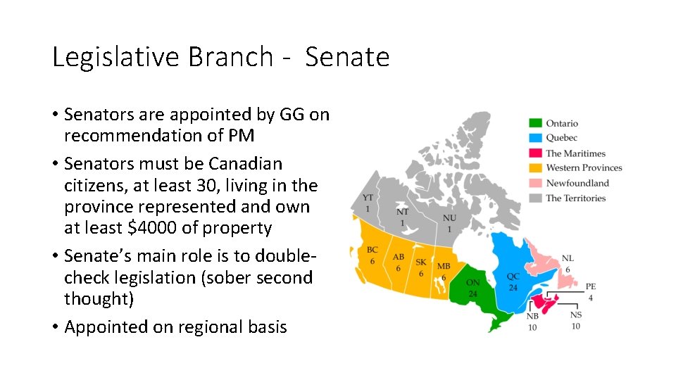 Legislative Branch - Senate • Senators are appointed by GG on recommendation of PM