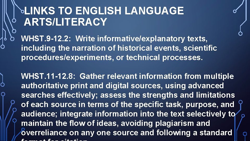 LINKS TO ENGLISH LANGUAGE ARTS/LITERACY WHST. 9 -12. 2: Write informative/explanatory texts, including the