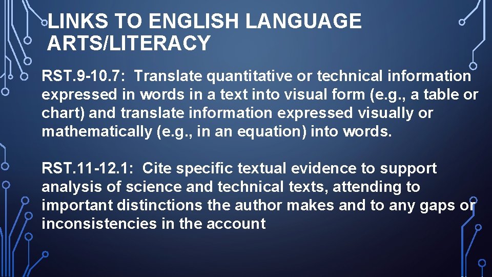 LINKS TO ENGLISH LANGUAGE ARTS/LITERACY RST. 9 -10. 7: Translate quantitative or technical information