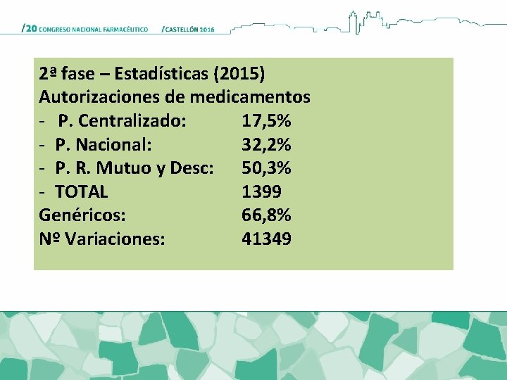 2ª fase – Estadísticas (2015) Autorizaciones de medicamentos - P. Centralizado: 17, 5% -