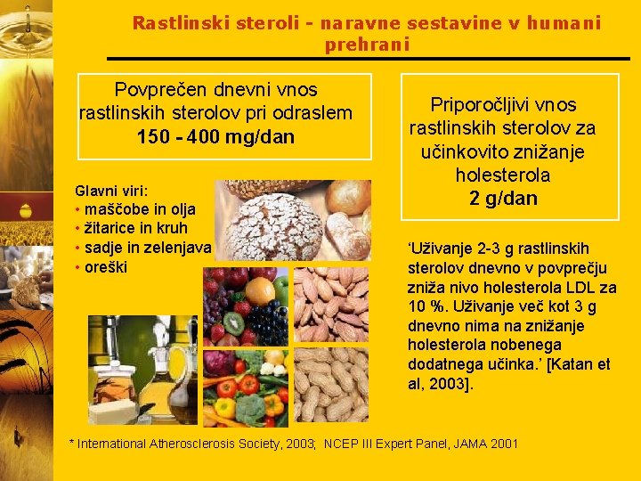 Rastlinski steroli - naravne sestavine v humani prehrani Povprečen dnevni vnos rastlinskih sterolov pri