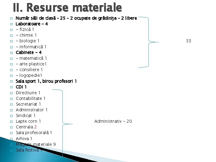 II. Resurse materiale � � � � � � Număr săli de clasă –