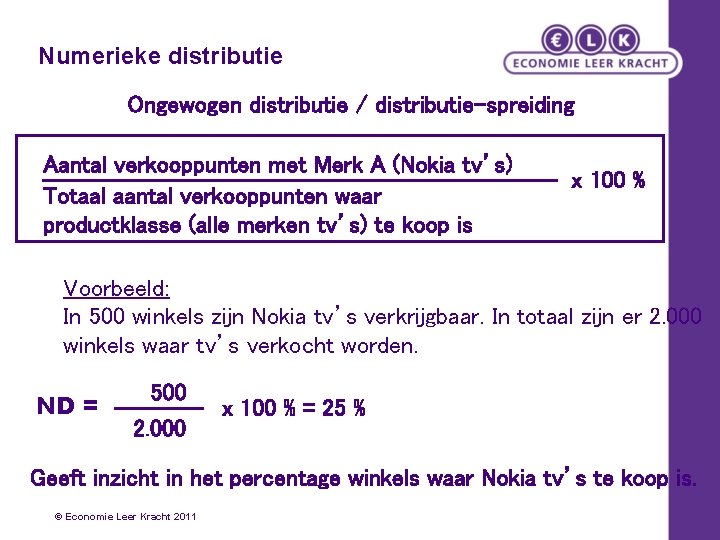 Numerieke distributie Ongewogen distributie / distributie-spreiding Aantal verkooppunten met Merk A (Nokia tv’s) Totaal