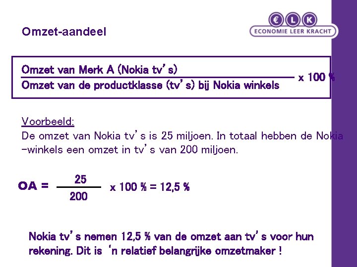 Omzet-aandeel Omzet van Merk A (Nokia tv’s) Omzet van de productklasse (tv’s) bij Nokia