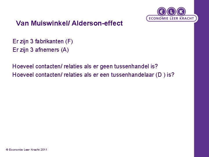 Van Muiswinkel/ Alderson-effect Er zijn 3 fabrikanten (F) Er zijn 3 afnemers (A) Hoeveel