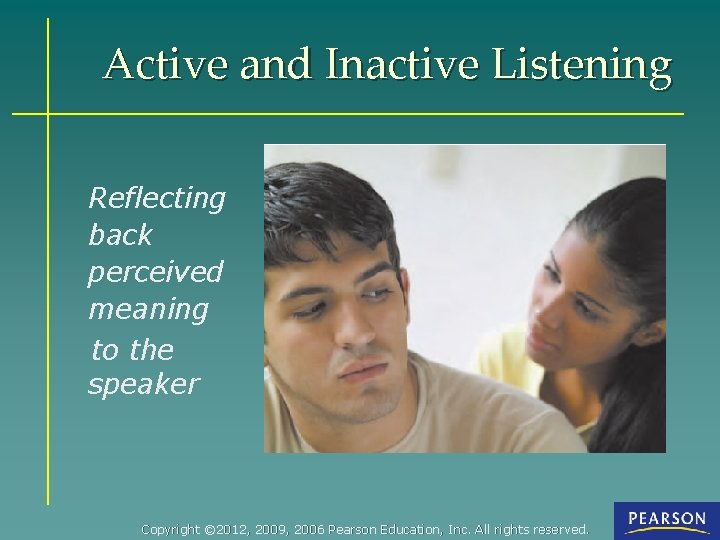 Active and Inactive Listening Reflecting back perceived meaning to the speaker Copyright © 2012,