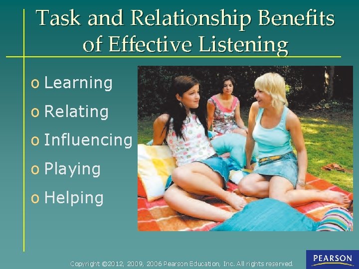 Task and Relationship Benefits of Effective Listening o Learning o Relating o Influencing o