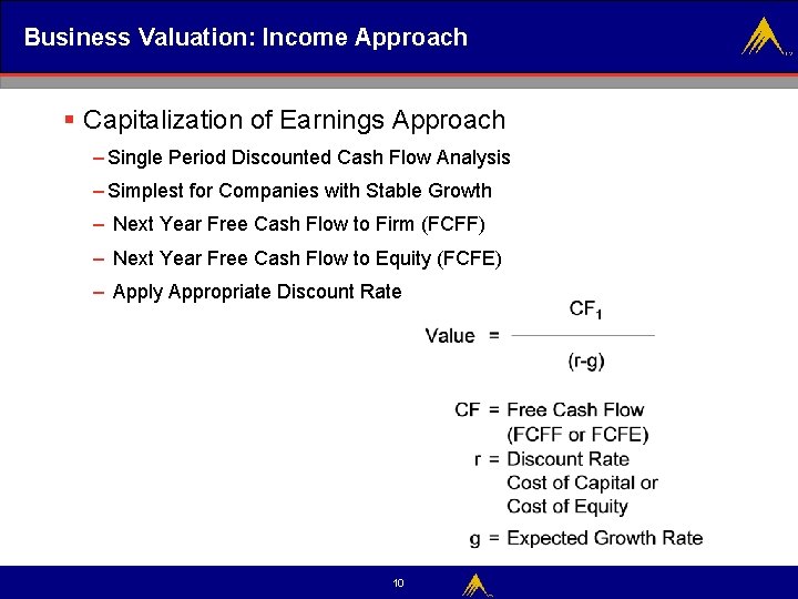 Business Valuation: Income Approach § Capitalization of Earnings Approach – Single Period Discounted Cash