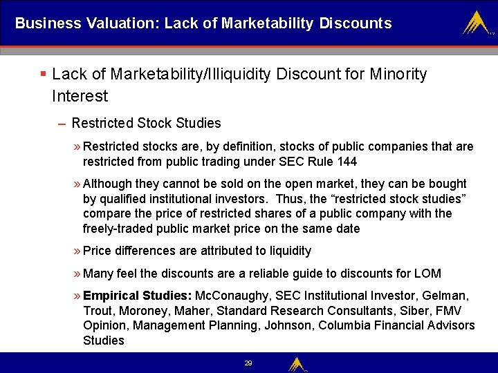 Business Valuation: Lack of Marketability Discounts § Lack of Marketability/Illiquidity Discount for Minority Interest