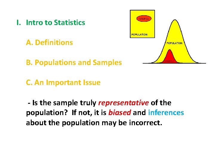 I. Intro to Statistics A. Definitions B. Populations and Samples C. An Important Issue