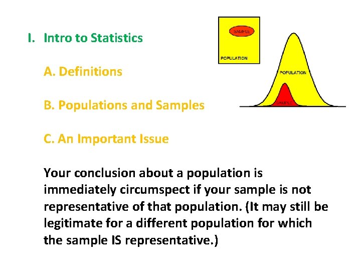 I. Intro to Statistics A. Definitions B. Populations and Samples C. An Important Issue