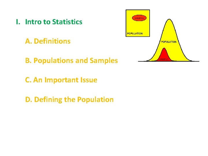 I. Intro to Statistics A. Definitions B. Populations and Samples C. An Important Issue