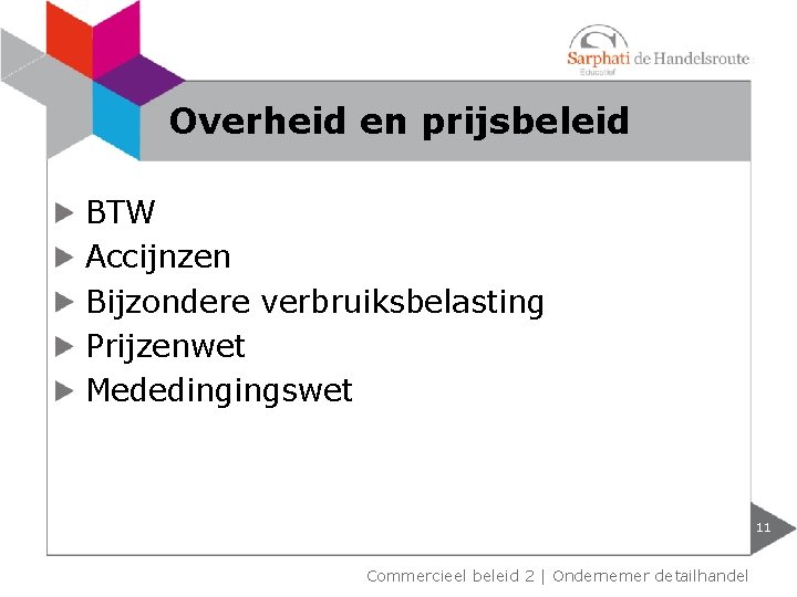 Overheid en prijsbeleid BTW Accijnzen Bijzondere verbruiksbelasting Prijzenwet Mededingingswet 11 Commercieel beleid 2 |