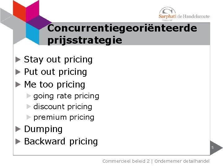 Concurrentiegeoriënteerde prijsstrategie Stay out pricing Put out pricing Me too pricing going rate pricing