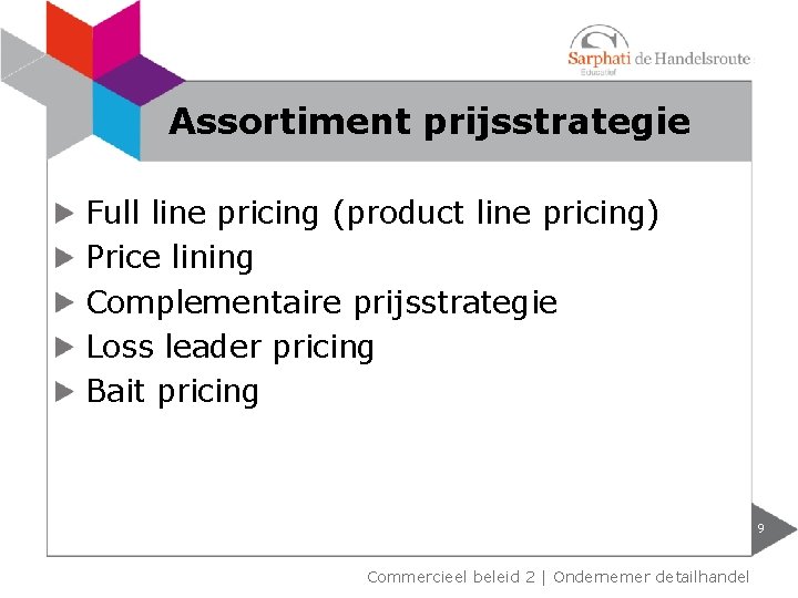 Assortiment prijsstrategie Full line pricing (product line pricing) Price lining Complementaire prijsstrategie Loss leader