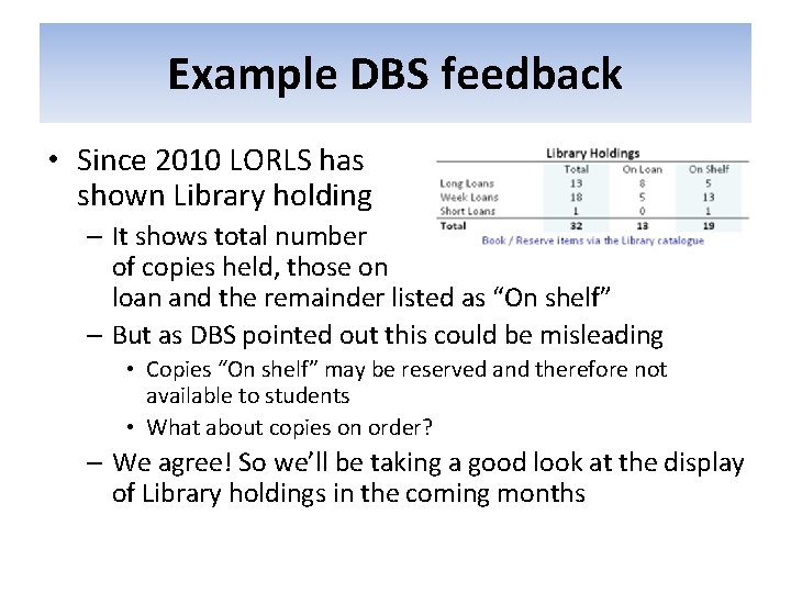 Example DBS feedback • Since 2010 LORLS has shown Library holding – It shows