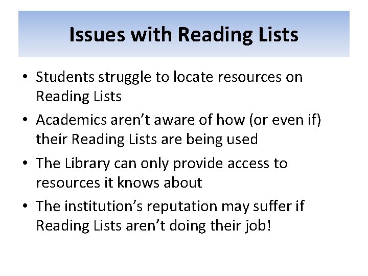 Issues with Reading Lists • Students struggle to locate resources on Reading Lists •