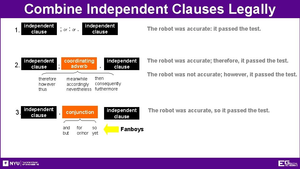 Combine Independent Clauses Legally 1. independent clause 2. independent clause ; or : or.