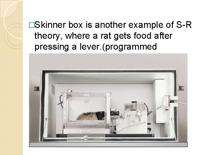 �Skinner box is another example of S-R theory, where a rat gets food after