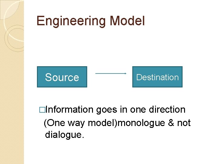 Engineering Model Source �Information Destination goes in one direction (One way model)monologue & not