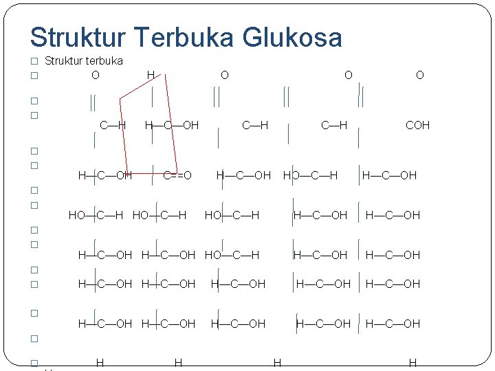 Struktur Terbuka Glukosa � Struktur terbuka � O H O � � C—H H—C—OH Struktur Terbuka Glukosa � Struktur terbuka � O H O � � C—H H—C—OH