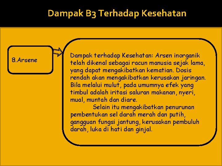 Dampak B 3 Terhadap Kesehatan 8. Arsene Dampak terhadap Kesehatan: Arsen inorganik telah dikenal