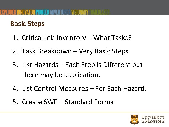 Basic Steps 1. Critical Job Inventory – What Tasks? 2. Task Breakdown – Very