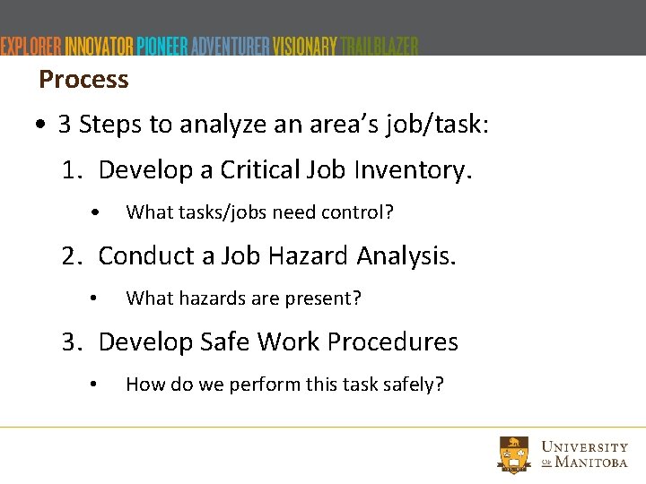 Process • 3 Steps to analyze an area’s job/task: 1. Develop a Critical Job