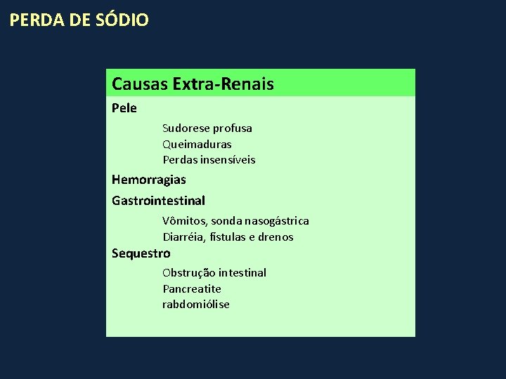 PERDA DE SÓDIO Causas Extra-Renais Pele Sudorese profusa Queimaduras Perdas insensíveis Hemorragias Gastrointestinal Vômitos,