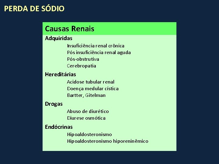 PERDA DE SÓDIO Causas Renais Adquiridas Insuficiência renal crônica Pós insuficiência renal aguda Pós-obstrutiva