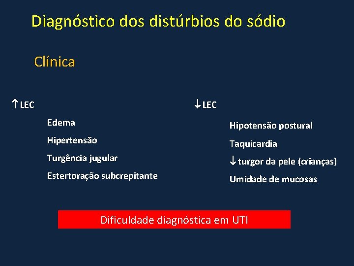 Diagnóstico dos distúrbios do sódio Clínica LEC Edema Hipotensão postural Hipertensão Taquicardia Turgência jugular