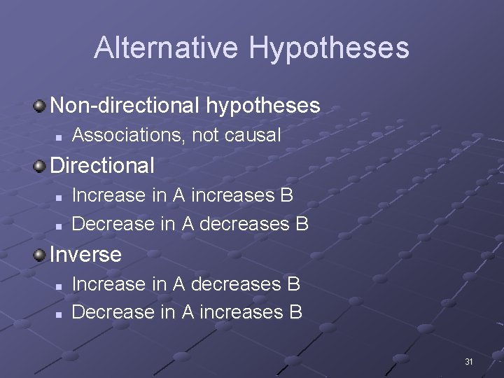 Alternative Hypotheses Non-directional hypotheses n Associations, not causal Directional n n Increase in A