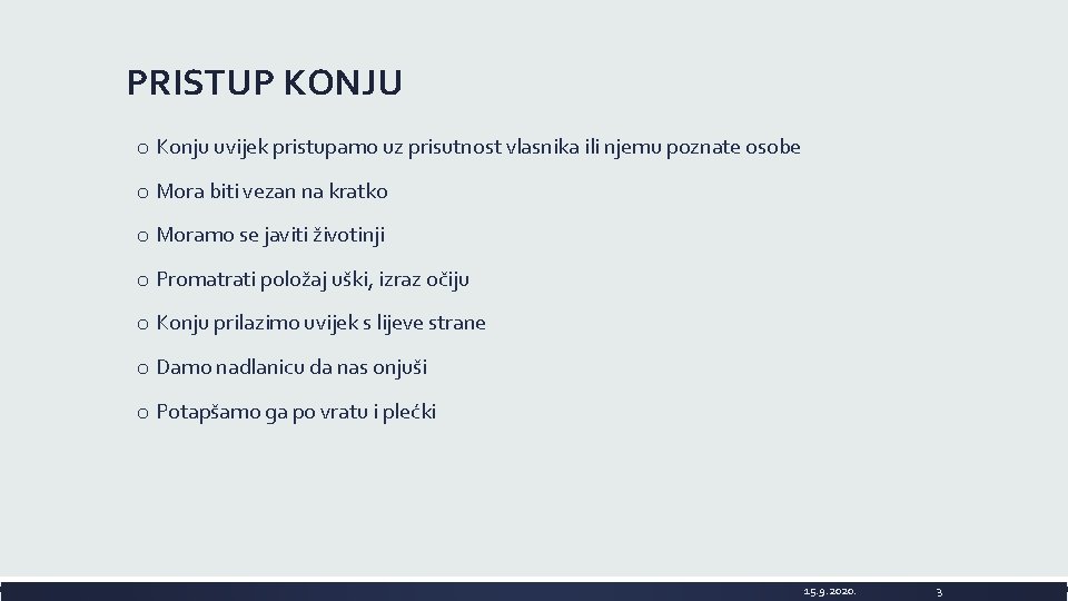 PRISTUP KONJU o Konju uvijek pristupamo uz prisutnost vlasnika ili njemu poznate osobe o