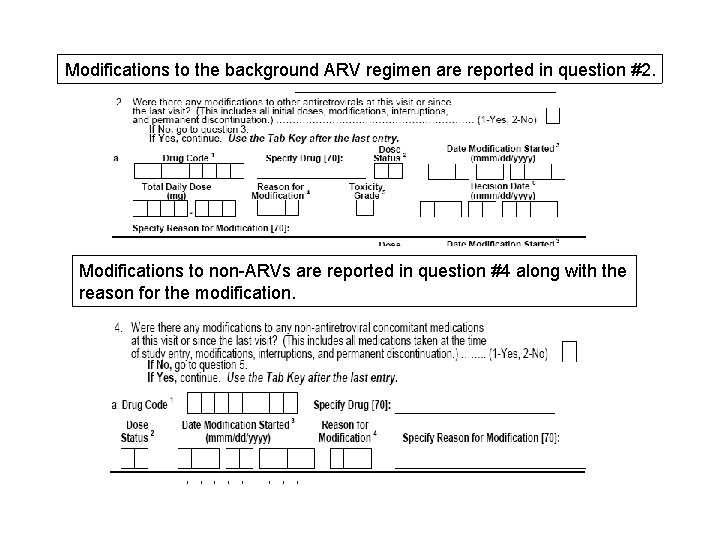 Modifications to the background ARV regimen are reported in question #2. Modifications to non-ARVs
