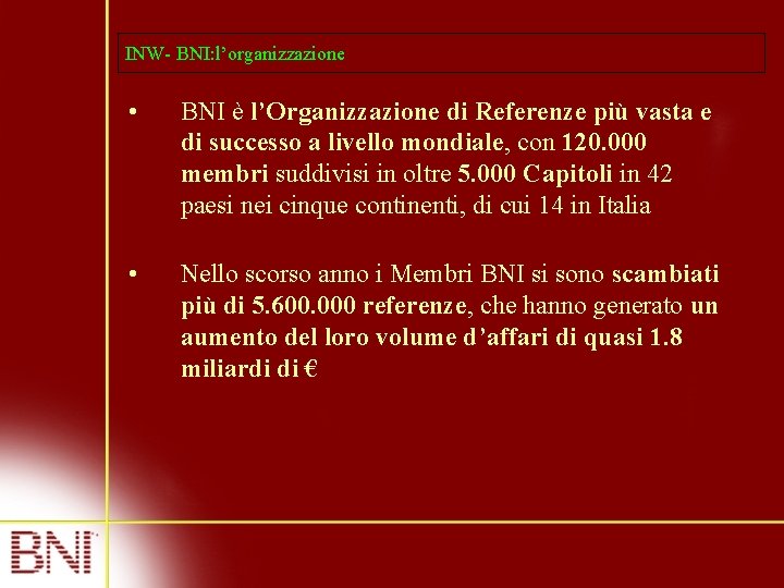INW- BNI: l’organizzazione • BNI è l’Organizzazione di Referenze più vasta e di successo