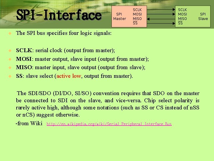 SPI-Interface ¨ The SPI bus specifies four logic signals: ¨ SCLK: serial clock (output