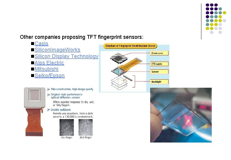 Other companies proposing TFT fingerprint sensors: n. Casio n. Silicon. Image. Works n. Silicon