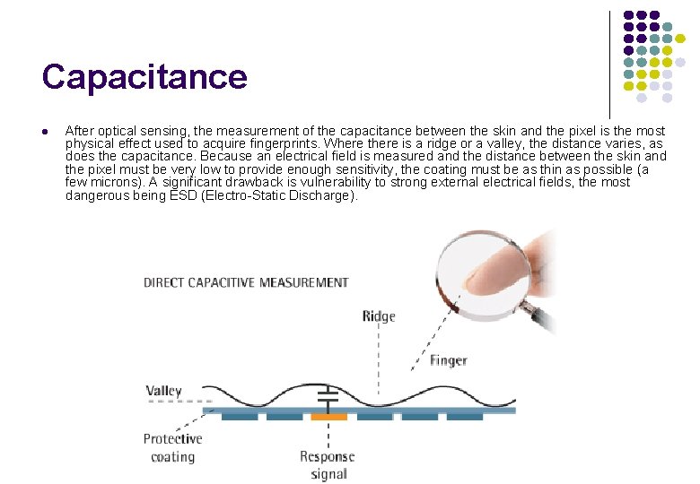 Capacitance l After optical sensing, the measurement of the capacitance between the skin and