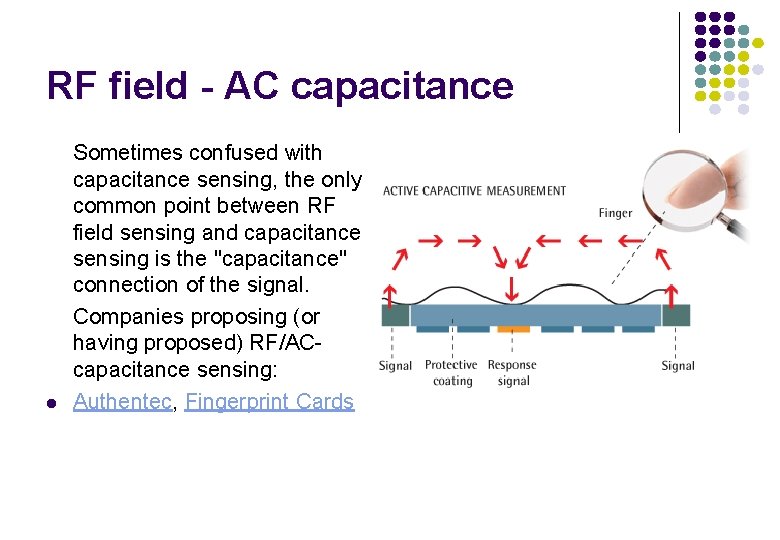 RF field - AC capacitance l Sometimes confused with capacitance sensing, the only common