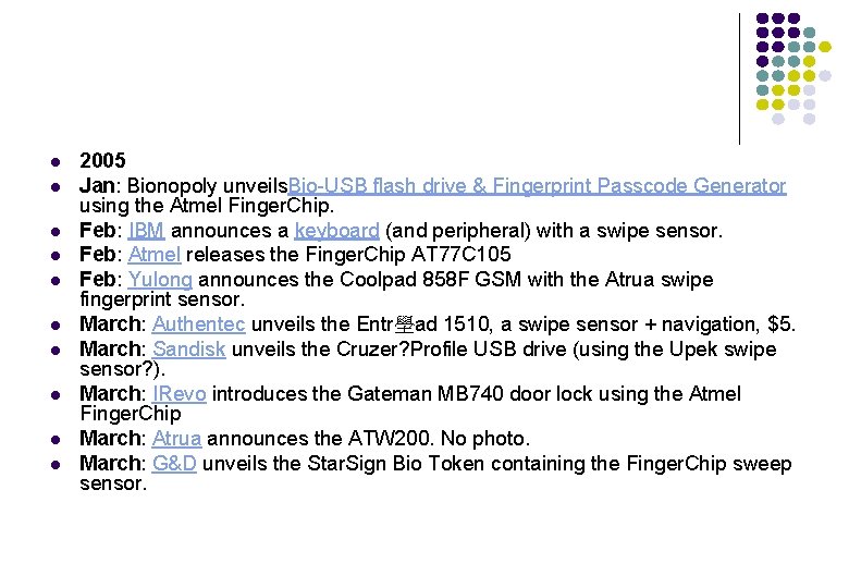 l l l l l 2005 Jan: Bionopoly unveils. Bio-USB flash drive & Fingerprint